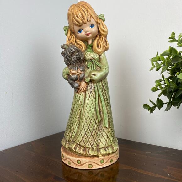 Vintage 70s Ceramic Mod Girl Figurine in Green Dress Puppy Dog 10 1/2” Tall - Picture 1 of 8